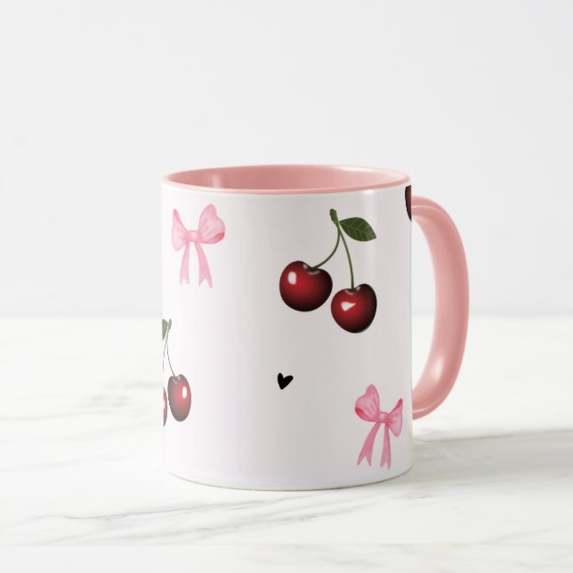 Mug Cherry & Pink Bows Pattern - Coquette Aesthetic (Devant droit)