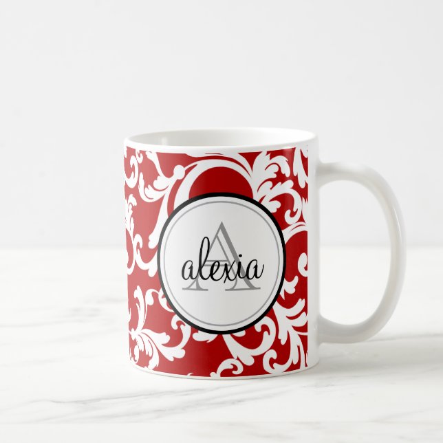 Mug Cherry Red Monogramme Damask Imprimer (Droite)