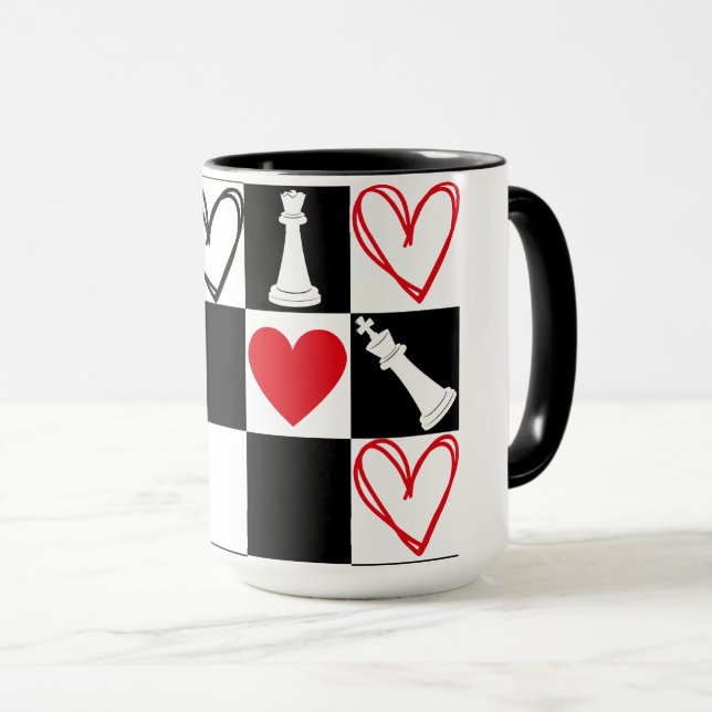 Mug Chessboard Coeur Valentines Jour Noir&Blanc (Devant droit)