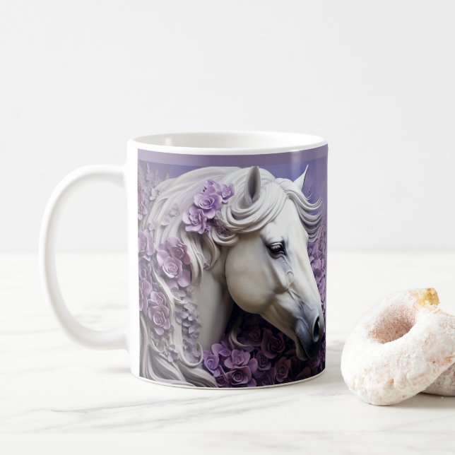 Mug Cheval blanc imprimé en 3D Fleurs violettes (Avec donut)