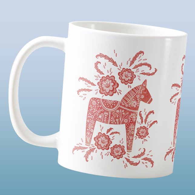 Mug Cheval de Dala suédois Rouge Blanc (Swedish Dala Horse folk art red and white coffee mug)