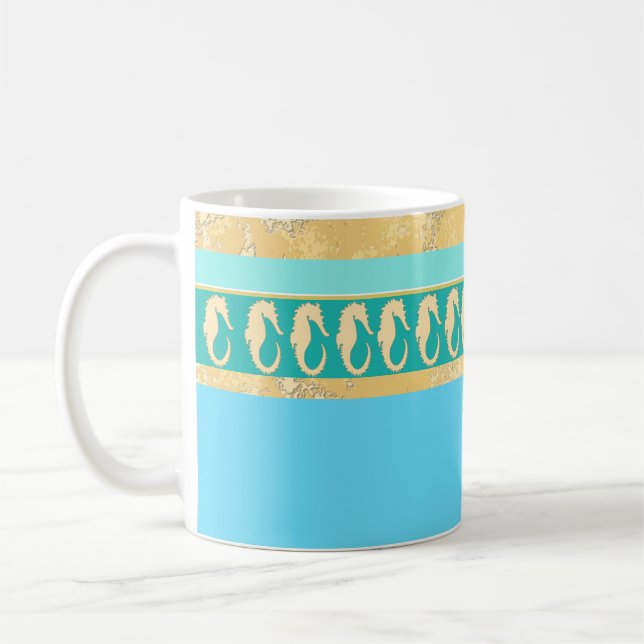 Mug Cheval de mer d'or avec Aqua et des rayures turquo (Gauche)