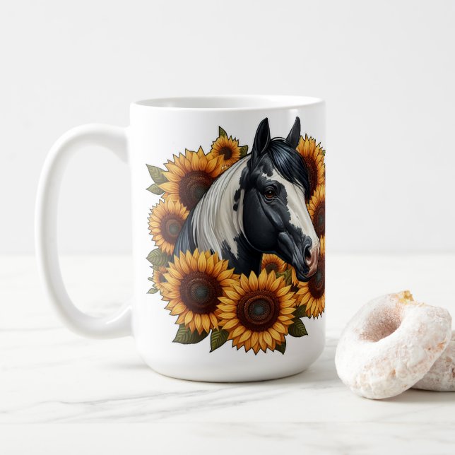 Mug Cheval de peinture noir et blanc avec tournesol (Avec donut)
