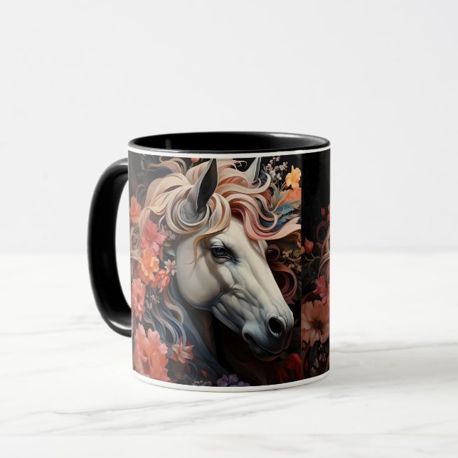 Mug Cheval et fleurs, Cadeau équestre, Équitation (Devant gauche)