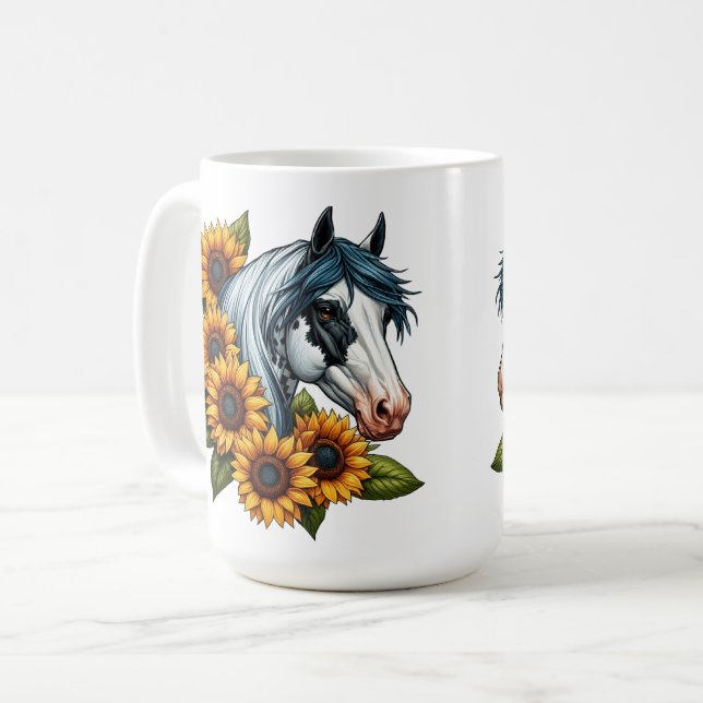 Mug Cheval et tournesols de peinture Tovero noir et bl (Devant gauche)