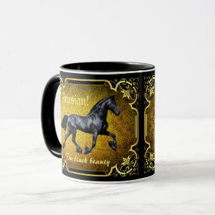 Mug Cheval friésien, silhouette/or/muqueuse noire/noir