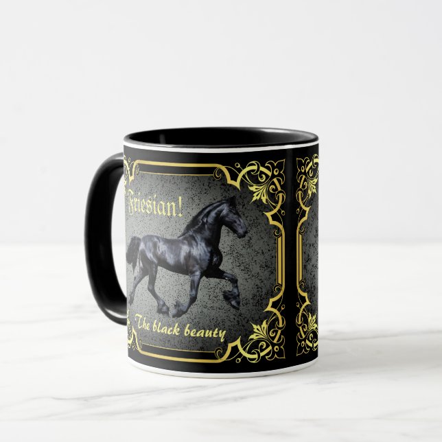 Mug Cheval friésien, silhouette/or/muqueuse noire/noir (Devant gauche)