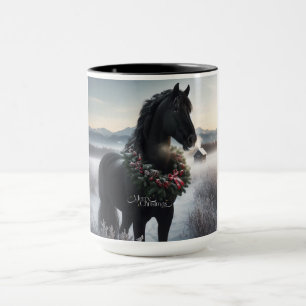 Mug Cheval noir dans la neige avec couronne de Noël
