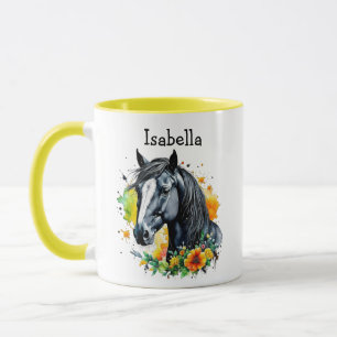 Mug Cheval noir entouré de fleurs Personnalisé