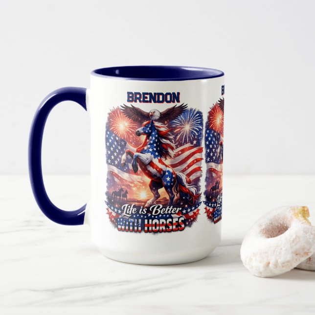 Mug Cheval patriotique Drapeau américain Coucher de so (Avec donut)
