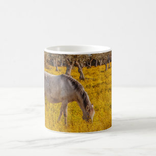 Mug Cheval pâturant dans une prairie fleurie jaune