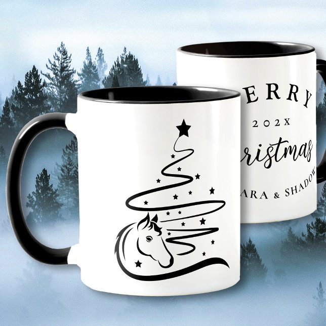 Mug Cheval sapin de Noël équestre noir et blanc (Horse Christmas tree mug, vector art. )