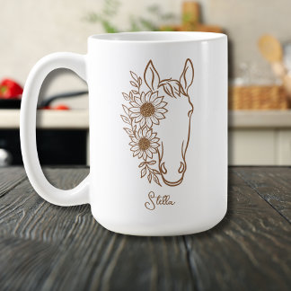 Mug Cheval Tournesol Boho Ligne Artistique avec Nom