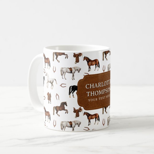 Mug Chevaux Fer à Cheval Selles de Cheval Nom Personna (Devant gauche)