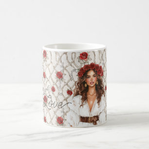 Mug Cheveux Bruns Femme Couronne de Roses Faux Bois Fl