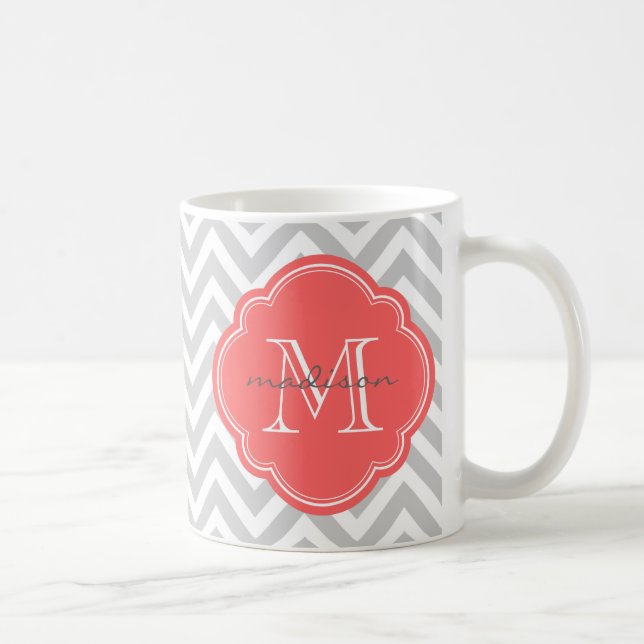 Mug Chevron gris et corail sur mesure Monogramme perso (Droite)