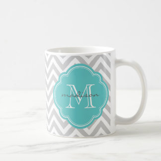 Mug Chevron gris et turquoise sur mesure Monogramme pe