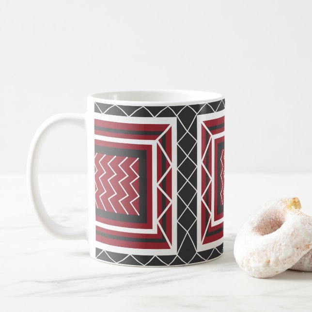 Mug Chevron rayé carré gris blanc rouge géométrique (Avec donut)