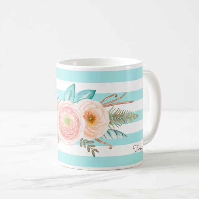 Mug Chic Aqua Stripes Feminine Floral et nom (Devant droit)