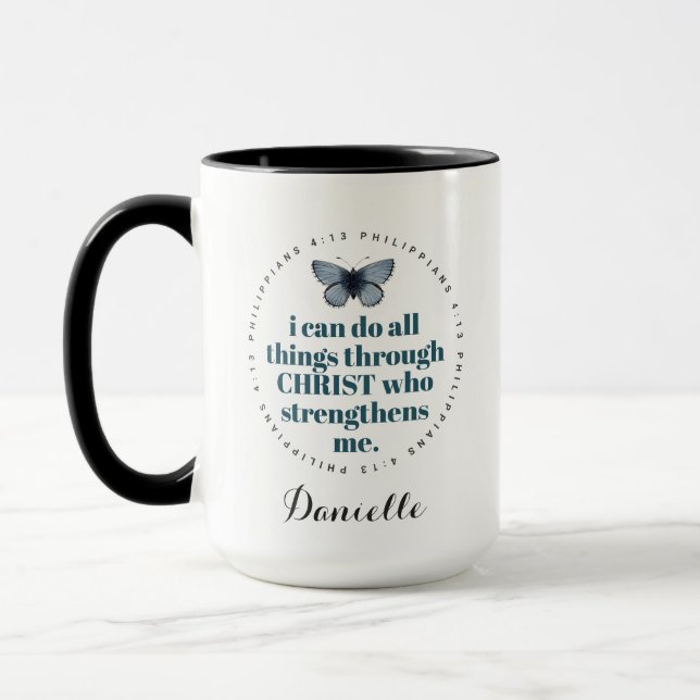 Mug Chic Bible Verse Philippians Blue Butterfly Nom (Gauche)