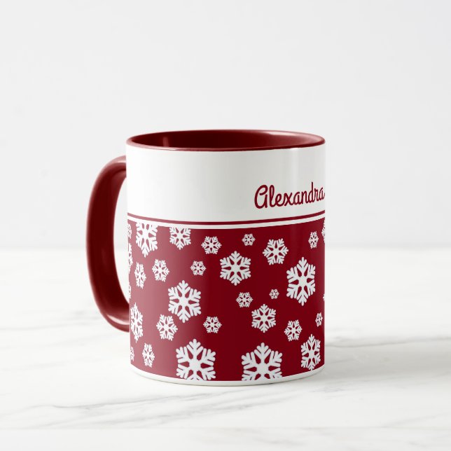Mug Chic blanc Snowflakes Motif nordique sur rouge fon (Devant gauche)