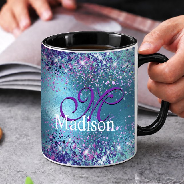 Mug Chic Bleu rose iridescent paillettes monogramme (Créateur téléchargé)