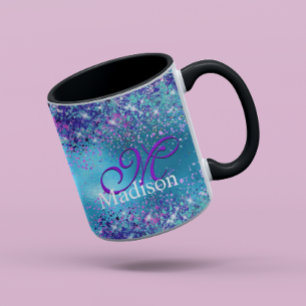 Mug Chic bleu rose irisé parties scintillant monogramm