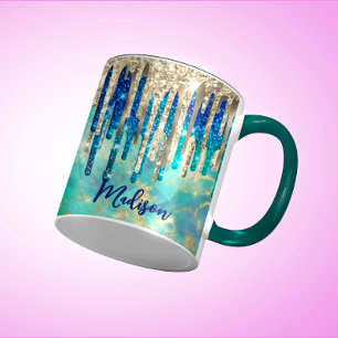 Mug Chic bleu turquoise or parties scintillant gouttes
