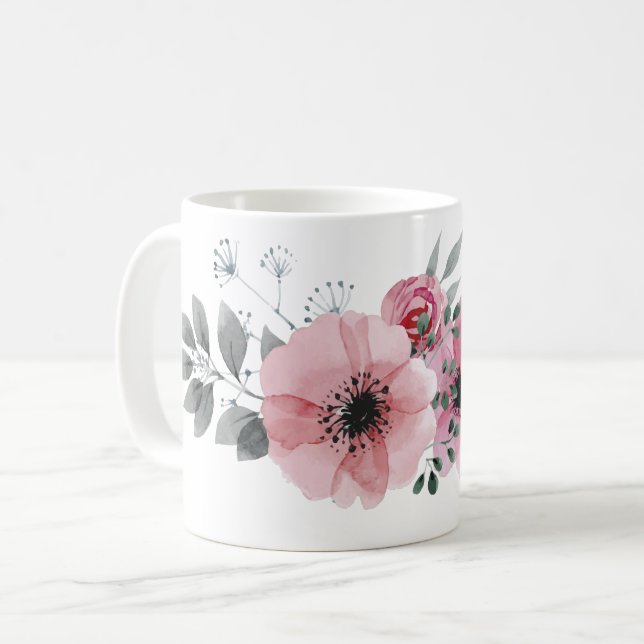 Mug Chic botanique floral élégant gris rose fleur (Devant gauche)