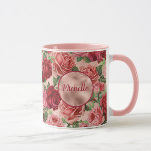 Mug Chic Elegant Vintage Rose Rouge Roses Nom Floral