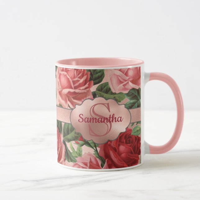 Mug Chic Elegant Vintage Rose Rouge Roses Nom Floral (Droite)