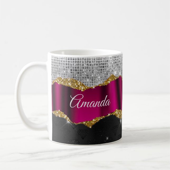 Mug Chic faux argent parties scintillant Fuchsia noir  (Gauche)