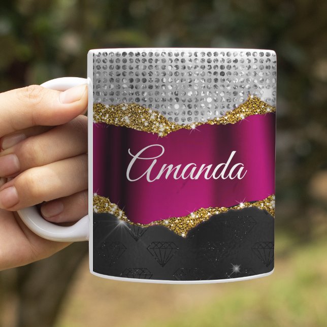 Mug Chic faux paillettes argent monogramme Fuchsia noi (Créateur téléchargé)