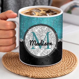 Mug Chic faux paillettes argent turquoise noir monogra