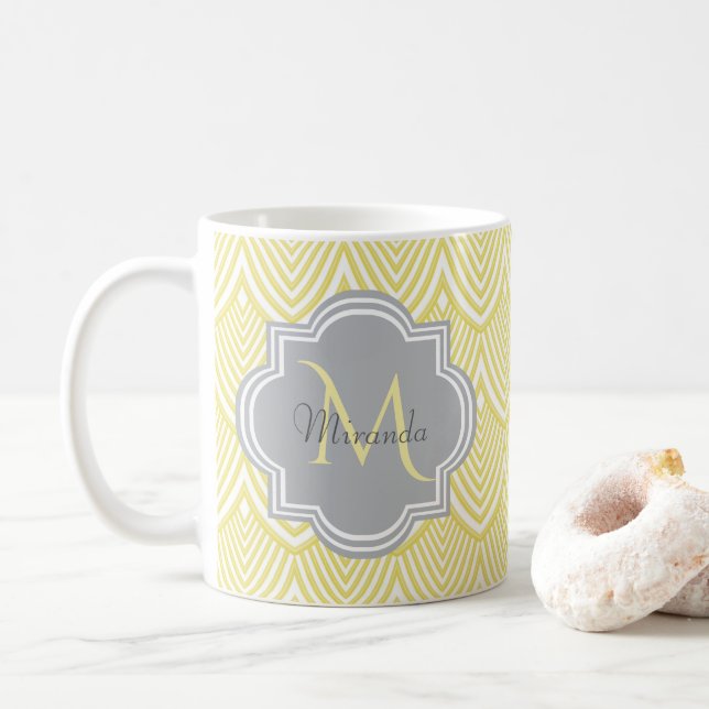 Mug Chic Jaune Art Déco Scallops Grey Monogramme Nom (Avec donut)