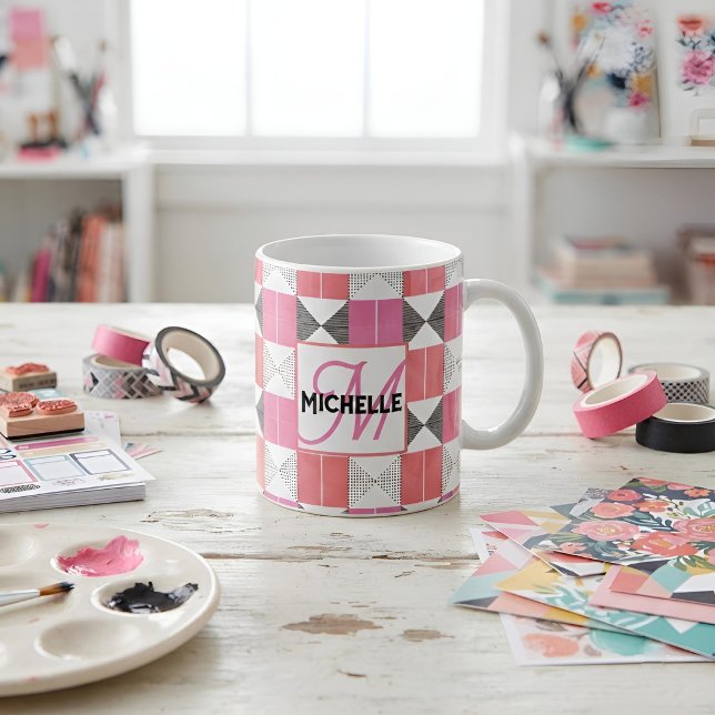 Mug Chic Monogramme Personnalisé Moderne Patchwork Ros (Créateur téléchargé)