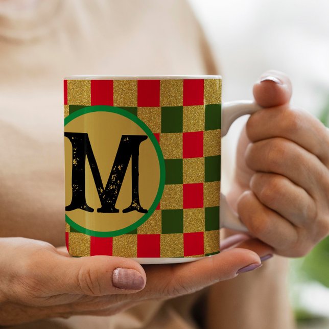 Mug Chic or rouge & vert Checkerboard personnalisé Mon (Créateur téléchargé)