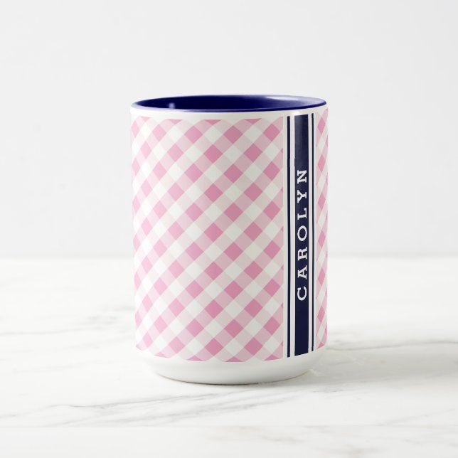 Mug chic preppy rose marine en vichy motif monogramme (Centre)