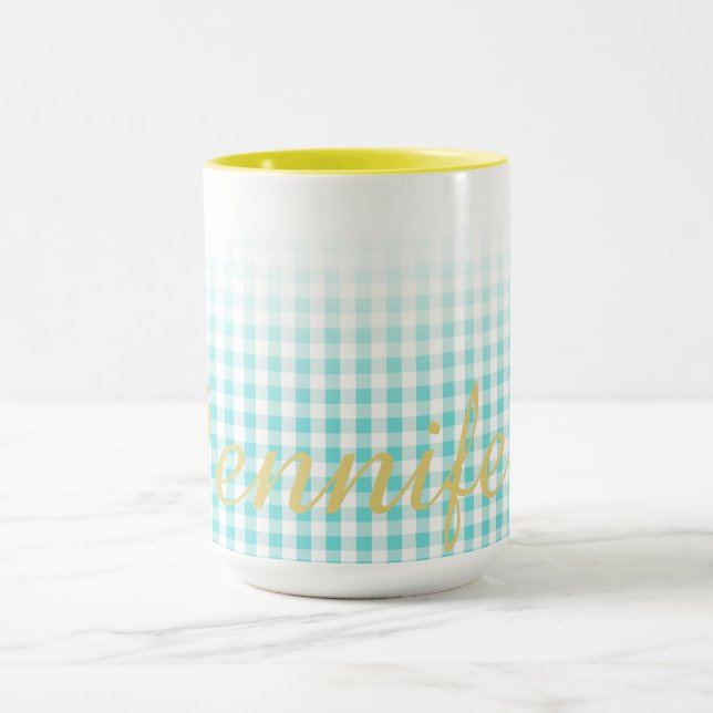 Mug chic preppy turuqoise en vichy motif monogramme (Centre)