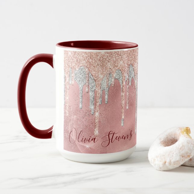 Mug Chic rose rousse argent goutte à goutte monogramme (Avec donut)