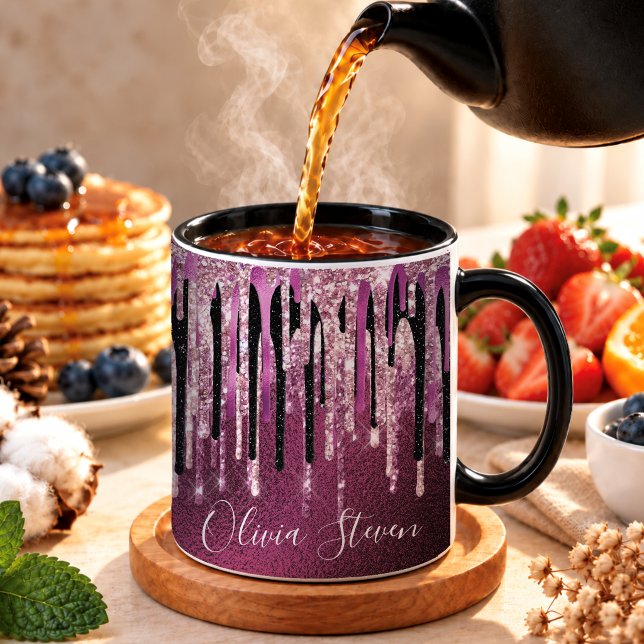 Mug Chic rose vif noir paillettes monogramme (Créateur téléchargé)