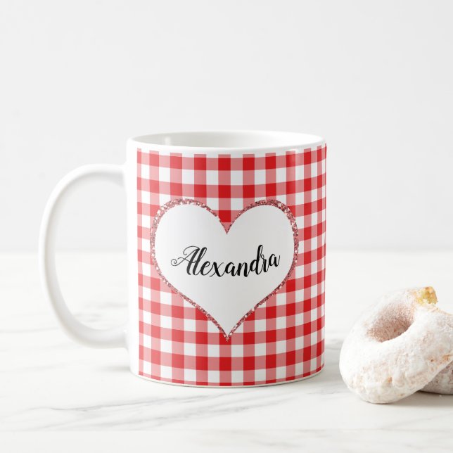 Mug Chic Script Girly Red White En vichy Nom personnal (Avec donut)