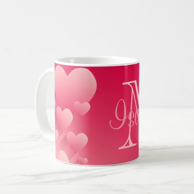Mug Chic Valentine Coeurs roses Nom Rouge Monogramme M (Devant gauche)