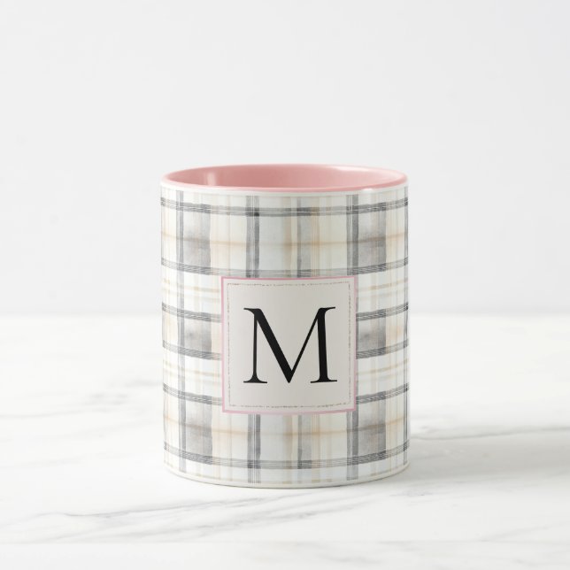 Mug Chic White Grey Plaid Stripes Monogram (Centre)