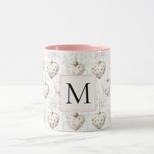 Mug Chic White Pink Heart Ornaments Monogram (Centre)