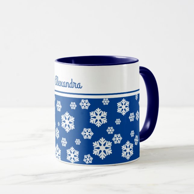 Mug Chic White Snowflakes Motif nordique sur Navy Blue (Devant droit)