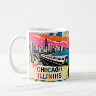 Mug Chicago Skyline Train Collage Pop Art Rétro Voyage
