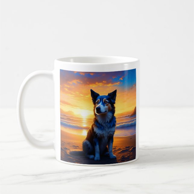 Mug Chien assis sur Ocean Beach au coucher du soleil a (Gauche)