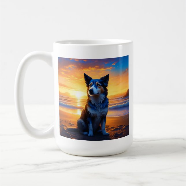 Mug Chien assis sur Ocean Beach au coucher du soleil a (Gauche)