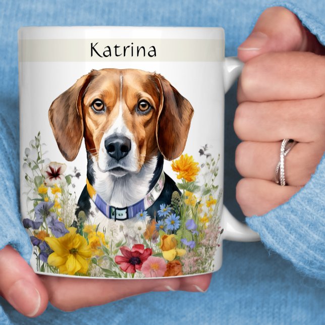 Mug Chien beagle Champ de fleurs Votre nom (Créateur téléchargé)